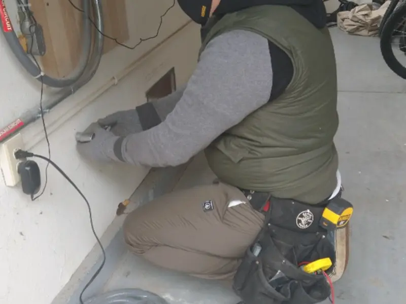 Electrician performing outlet wiring in a Wyckoff garage